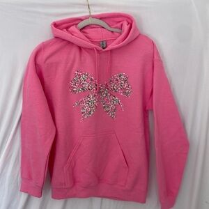Custom floral machine sewn bow Hoodie  crewneck/ sweatshirt pink sz small
